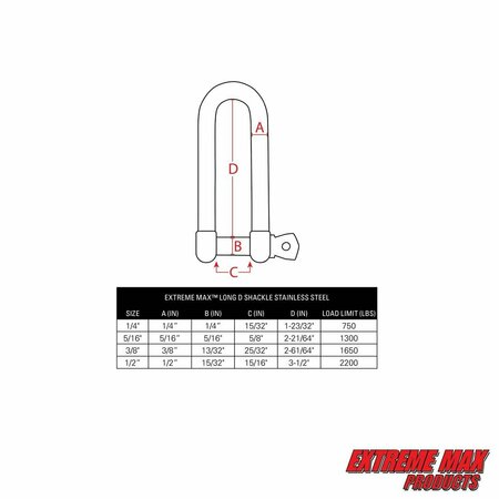 Extreme Max Extreme Max 3006.8207 BoatTector Stainless Steel Long D Shackle - 3/8" 3006.8207